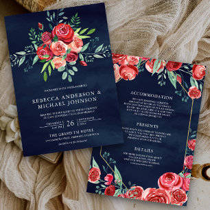Red Roses Floral Bouquet All in One Navy Wedding Invitation