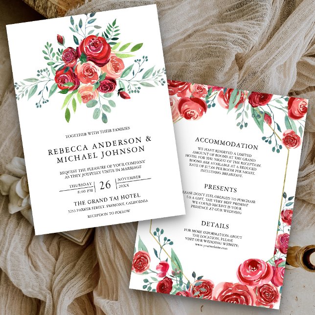 Red Roses Floral Bouquet All in One Wedding Invitation (Creator Uploaded)