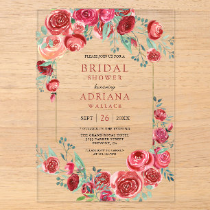 Red Roses Floral Bouquet Bridal Shower Acrylic Invitations