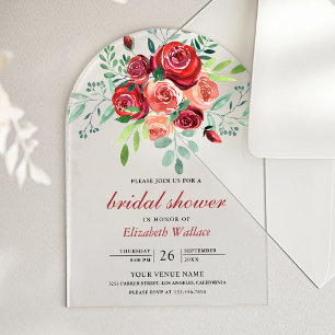 Red Roses Floral Bouquet Bridal Shower Acrylic Invitations
