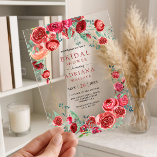 Red Roses Floral Bouquet Bridal Shower Acrylic Invitations