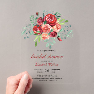 Red Roses Floral Bouquet Bridal Shower Acrylic Invitations