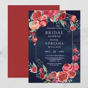 Red Roses Floral Bouquet Navy Blue Bridal Shower Invitation