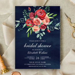Red Roses Floral Bouquet Navy Blue Bridal Shower Invitation