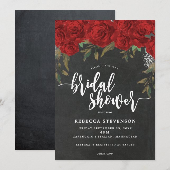 red roses floral bridal shower invitation chalk (Front/Back)