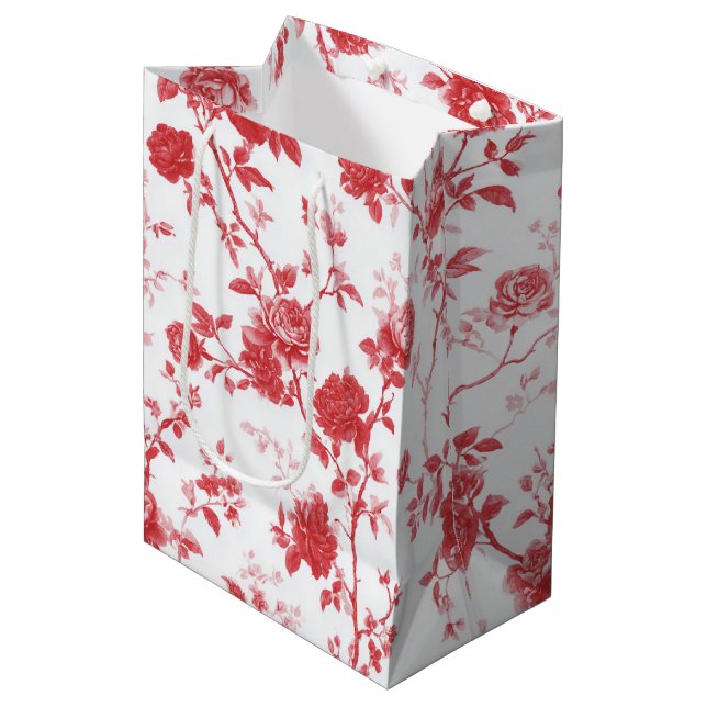 Red Roses Floral Bridal Shower Medium Gift Bag (Front Angled)
