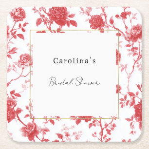 Red Roses Floral Bridal Shower  Square Paper Coaster