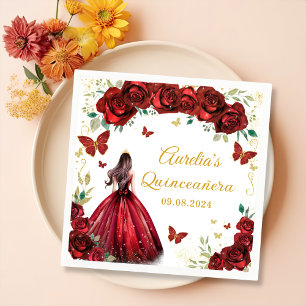 Red Roses Floral Butterflies Princess Quinceanera Napkin