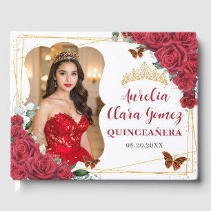 Red Roses Floral Butterflies QUINCEAÑERA 16 Photo Guest Book