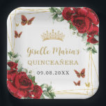 Red Roses Floral Butterflies Quinceañera Paper Plate<br><div class="desc">Coordinate your party with these elegant personalized Red Roses Floral Paper Plates. Personalize them easily and quickly, simply click the customize it further button to edit the texts, change fonts and fonts colors. Featuring beautiful watercolor red roses flowers, gold butterflies and a gold geometric frame. Matching items available in store....</div>
