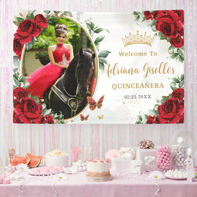 Red Roses Floral Butterflies Quinceañera Photo Banner (Party)
