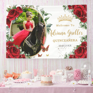 Red Roses Floral Butterflies Quinceañera Photo Banner