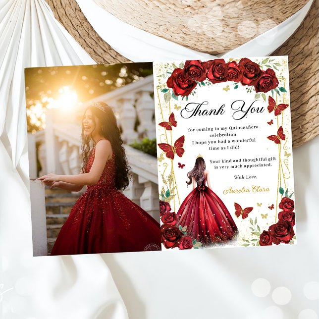 Red Roses Floral Butterflies Quinceañera Photo Thank You Card (Creator Uploaded)