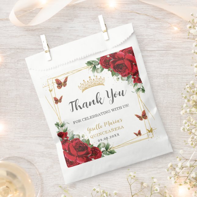 Red Roses Floral Butterflies Quinceanera Sweet 16 Favour Bags (Clipped)