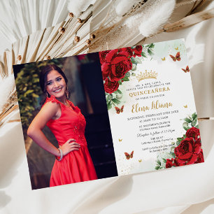 Red Roses Floral Butterflies Quinceañera Sweet 16  Invitation