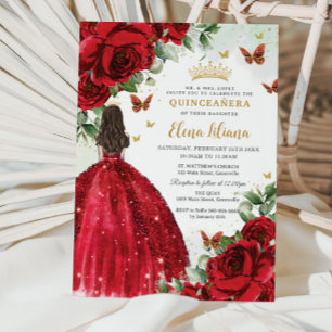Red Roses Floral Butterflies Quinceañera Sweet 16 Invitation