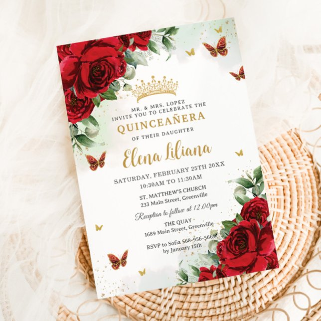 Red Roses Floral Butterflies Quinceañera Sweet 16 Invitation (bright-red-roses-flowers-gold-butterflies-princess-crown-quinceanera-sweet-16-birthday-invites)