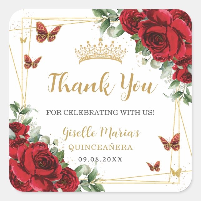 Red Roses Floral Butterflies Quinceanera Sweet 16 Square Sticker (Front)