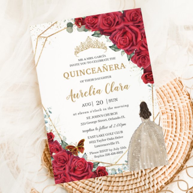 Red Roses Floral Champagne Dress Girl Quinceañera Invitation (Creator Uploaded)