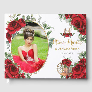 Red Roses Floral Charro Boots Quinceanera Photo Guest Book