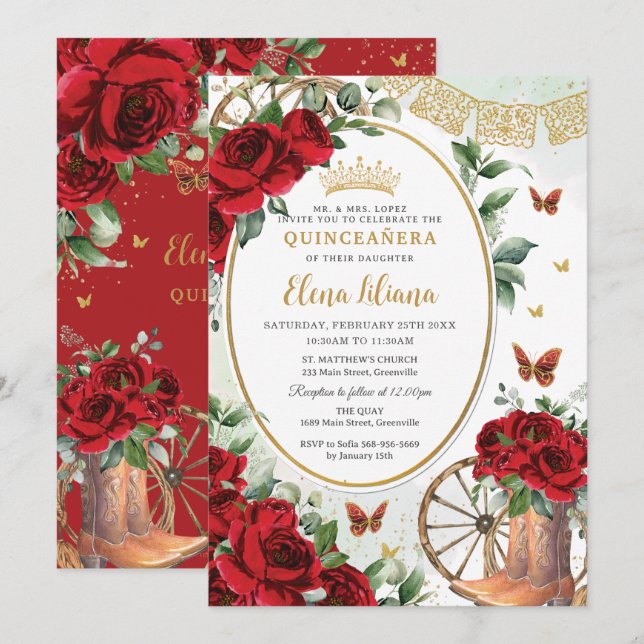 Red Roses Floral Charro Boots Quinceañera Sweet 16 Invitation (Front/Back)