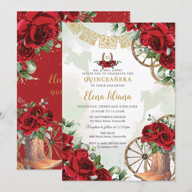 Red Roses Floral Charro Boots Sweet 16 Quinceañera Invitation (Front/Back)