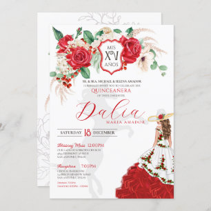 Red Roses Floral Crest Elegant Charra Quinceanera Invitation