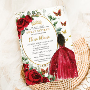Red Roses Floral Dress Gold Quinceañera Sweet 16 Invitation