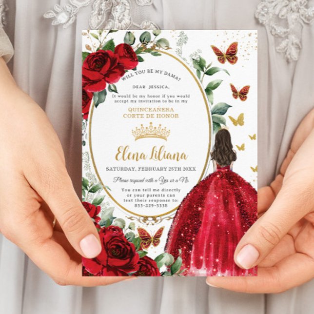 Red Roses Floral Dress Quinceañera Dama Request Invitation (Creator Uploaded)