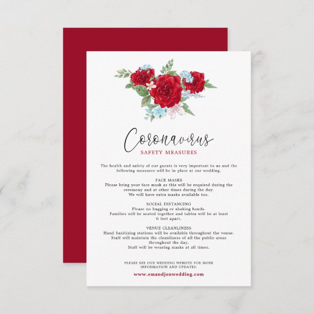 Red Roses Floral Elegant Script Coronavirus Safety Enclosure Card (Front/Back)