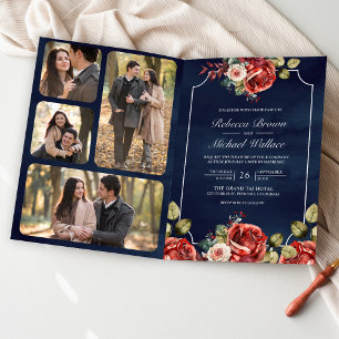 Red Roses Floral Frame Navy Blue QR Code Wedding Invitation