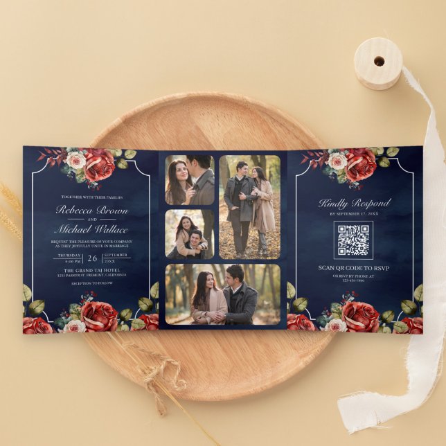 Red Roses Floral Frame Navy Blue QR Code Wedding Tri-Fold Invitation (Creator Uploaded)