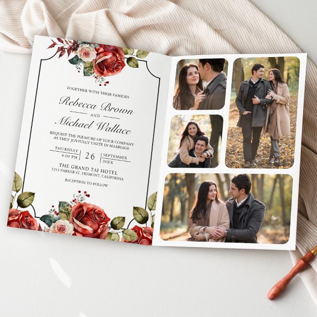 Red Roses Floral Frame Photo QR Code Wedding Invitation (Creator Uploaded)