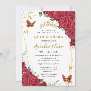 Red Roses Floral Gold Butterflies Quinceanera 15  Invitation