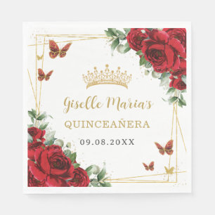 Red Roses Floral Gold Butterflies Quinceañera Napkin
