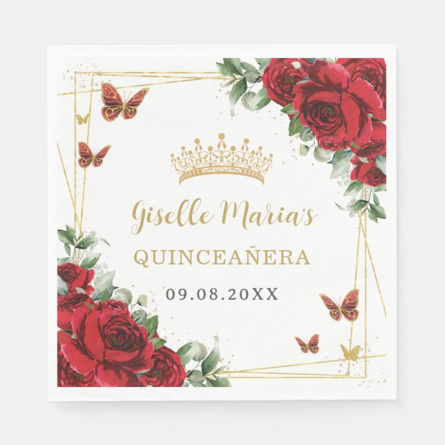 Red Roses Floral Gold Butterflies Quinceañera Napkin (Front)