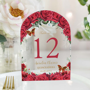 Red Roses Floral Gold Quinceañera 16 Table Number