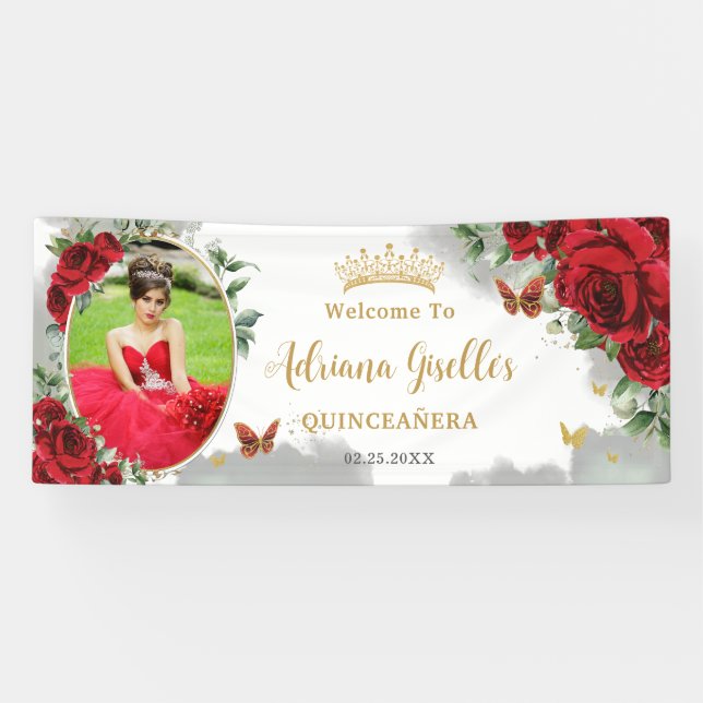 Red Roses Floral Gold Quinceañera Photo Backdrop Banner (Horizontal)