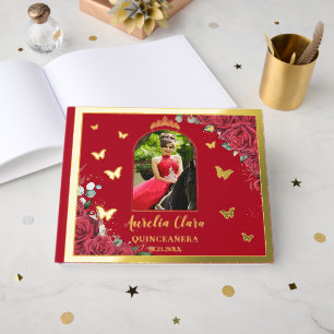 Red Roses Floral Gold Quinceañera Quince 15 Photo Guest Book