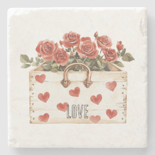Red Roses Floral Hearts Love Stone Coaster