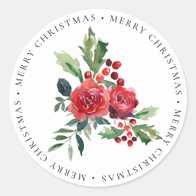 Red Roses Floral Holly Merry Christmas Classic Round Sticker (Front)