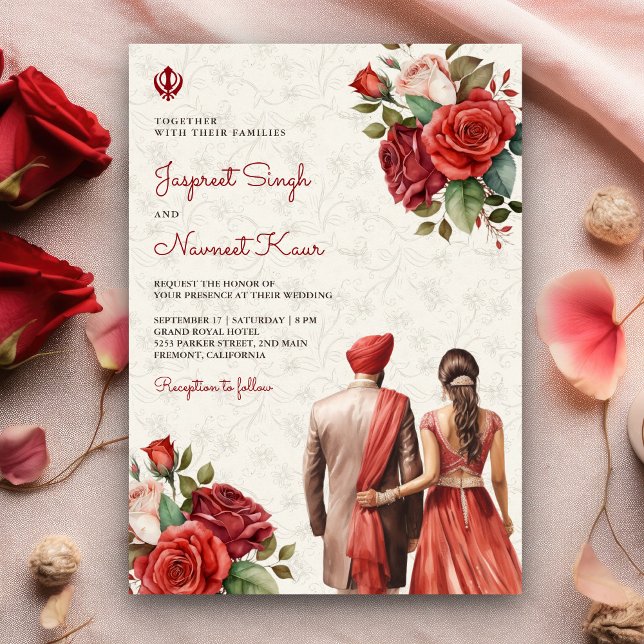 Red Roses Floral Indian Punjabi Sikh Wedding Invitation (Creator Uploaded)