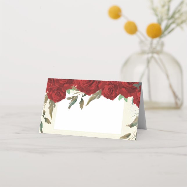 Red roses floral ivory wedding place card (Front)