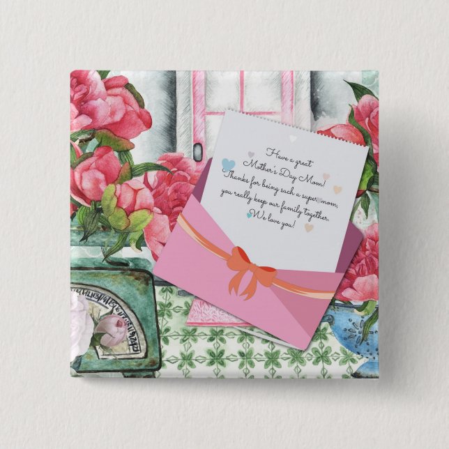 Red Roses Floral Letter Envelope Mother's Day 15 Cm Square Badge (Front)