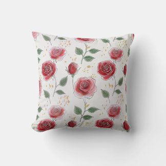 Red Roses Floral Line Art Pattern Cushion