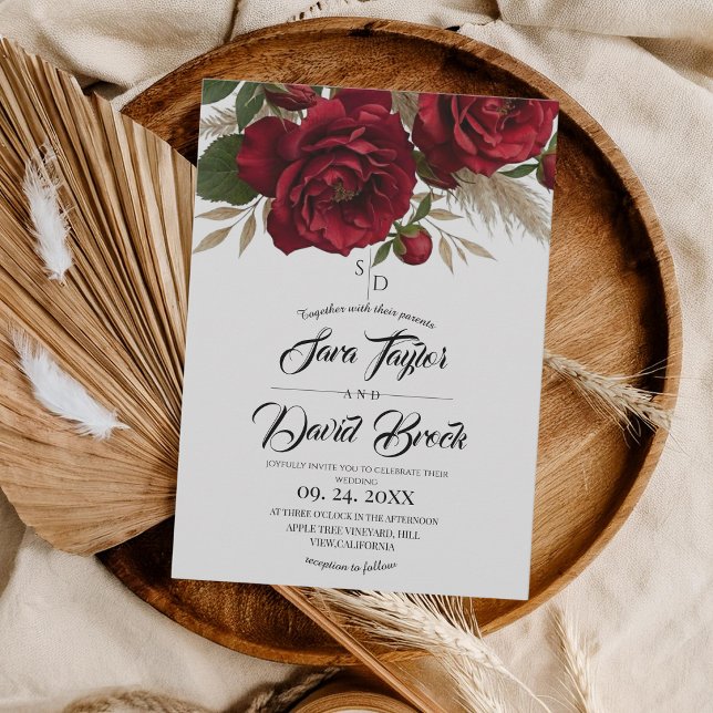 Red Roses Floral Modern Boho Wedding Invitation (Creator Uploaded)