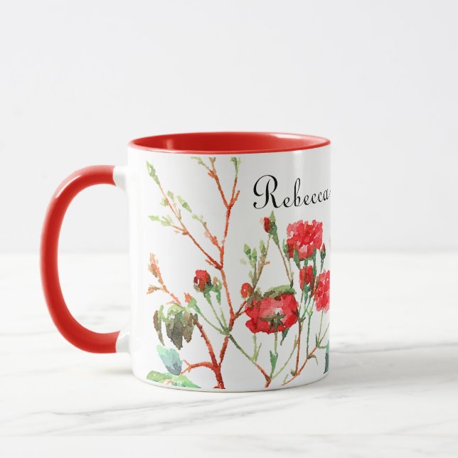 Red Roses Floral Monogrammed Name Mug (Left)