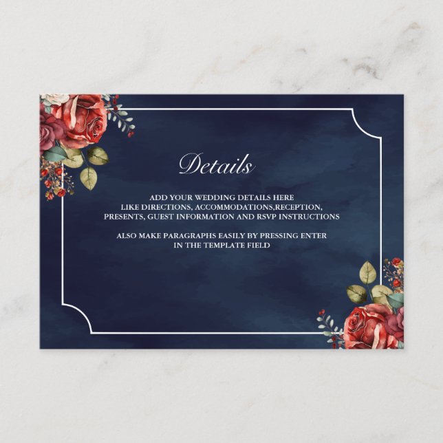 Red Roses Floral Navy Blue Wedding Details Enclosure Card (Front)