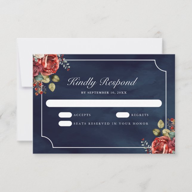 Red Roses Floral Navy Blue Wedding RSVP Card (Front)