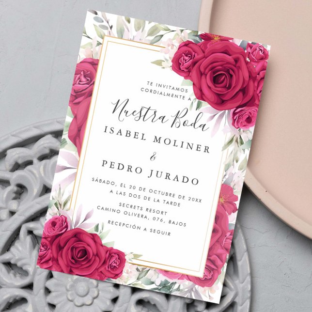 Red Roses Floral Nuestra Boda Spanish Wedding Invitation (Creator Uploaded)